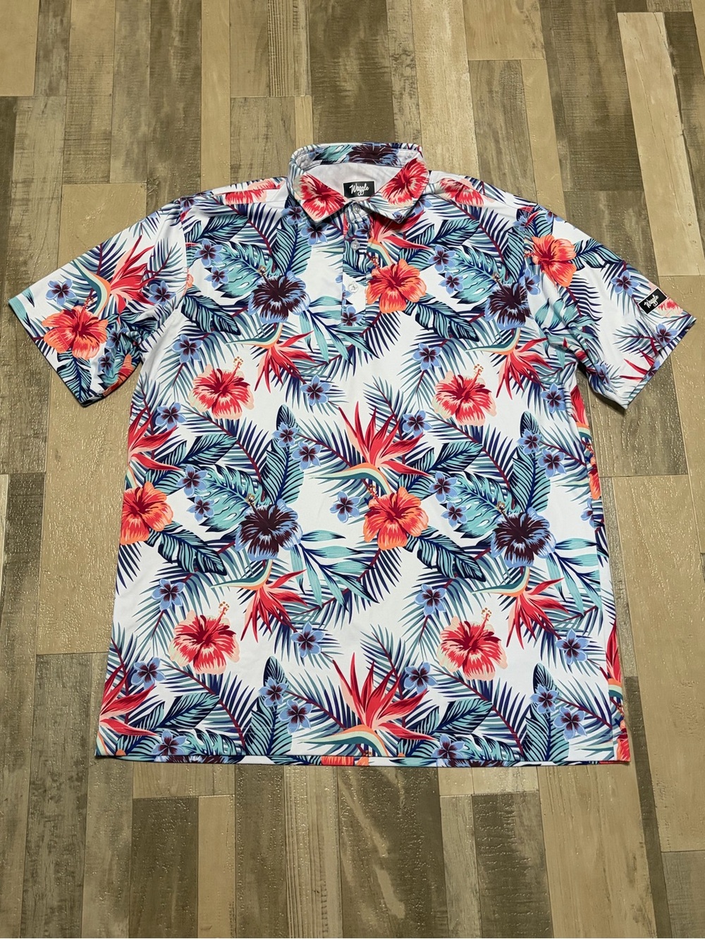 Waggle Mens XL Tropical Hawaiian Hibiscus Floral AOP Golf Polo Palm Stretch